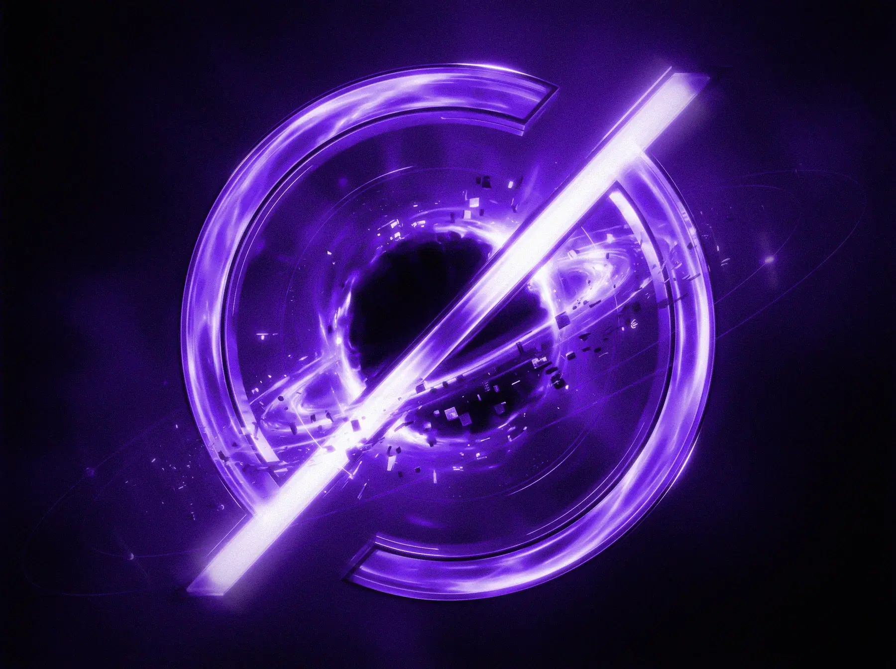 Supernova core: a glowing violet ring split by a diagonal beam of light