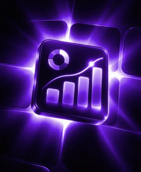 Purple dashboard tile with a donut chart and rising bars